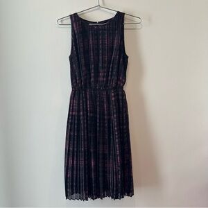 Banana Republic Pleated Midi Dress – Black & Magenta Print, Size 0